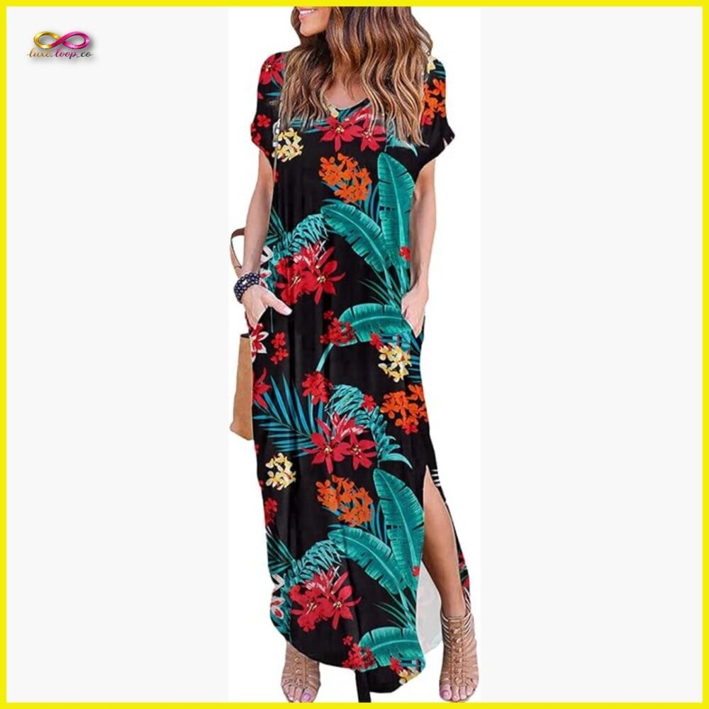 Summer Maxi Dress Casual Loose Fit V-Neck Short Sleeve Side Slit Elegant